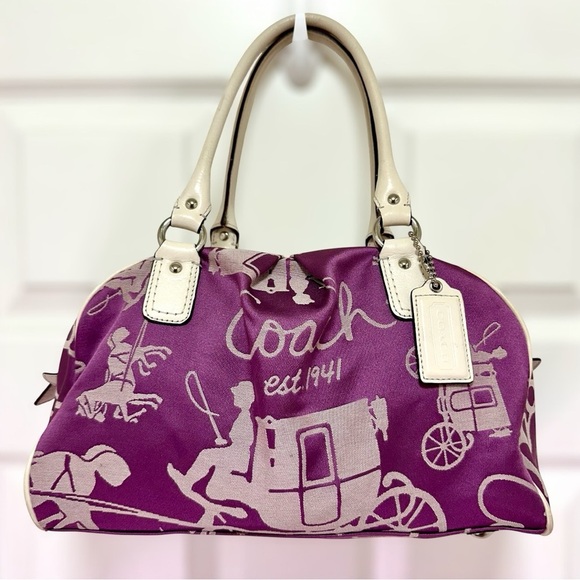 Coach Vintage Horse & Carriage Satchel White Leather Trim Purple Jacquard - Picture 3 of 14